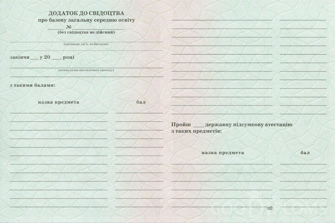 Украинский аттестат за 9 класс - Обратная сторона приложения- Умань