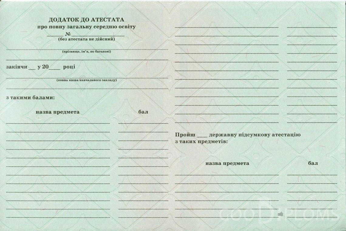 Украинский аттестат за 11 класс - Обратная сторона приложения- Умань